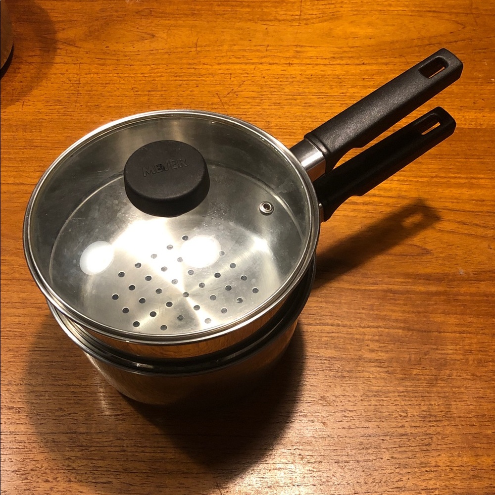 Meyer Stainless Steel Double Boiler with Glass Lid and Black Handle